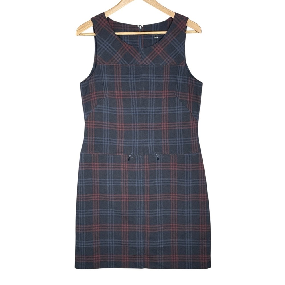 Retro Dark Academia Navy Blue Tartan Plaid Dress Size 8 Stretch Preppy Poetcore